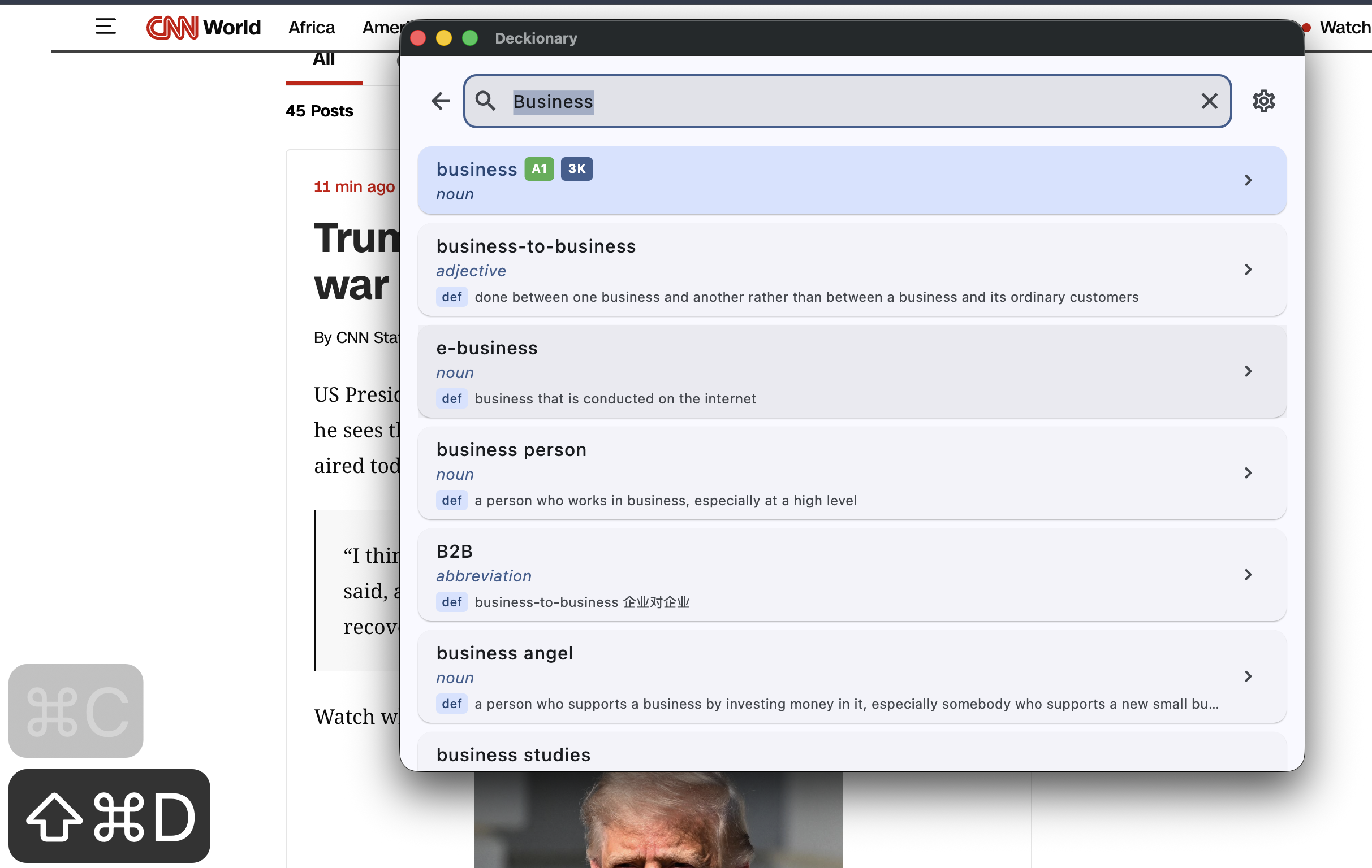 Deckionary floating over another macOS app after pressing Command+Shift+D.